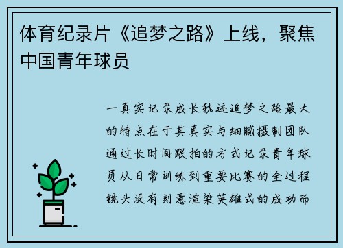体育纪录片《追梦之路》上线，聚焦中国青年球员